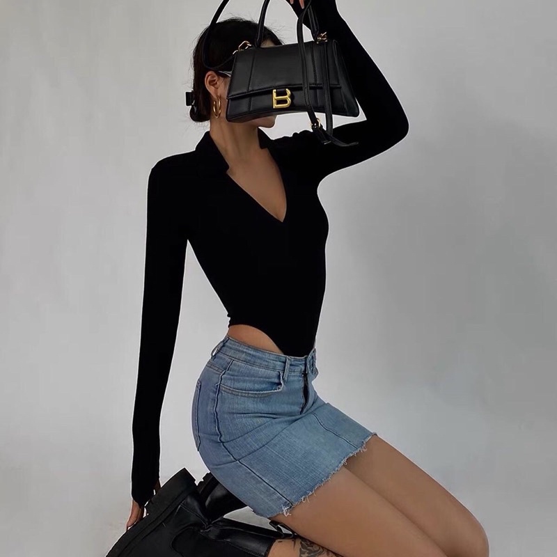 ✽℗Bodysuit cổ polo tay dài thun gân len | BigBuy360 - bigbuy360.vn