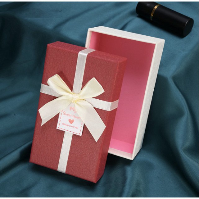 (Kích thước 14,5x8,5x5cm) - Hộp đựng quà tặng gắn nơ và tag chúc mừng, đựng son môi, nước hoa, sô cô la, trang sức [Q418