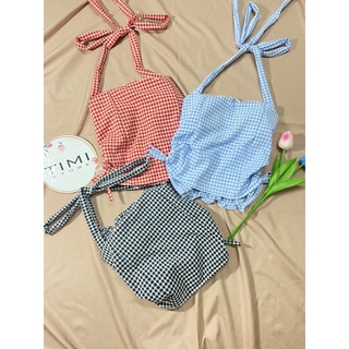 Áo croptop yếm cột nơ hoạ tiết caro rút dây 2 bên