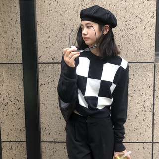 Cô gái hôm nay|năm nay phải mua ~ áo sweater dệt kim tay dài ngắn kẻ sọc caro hàn quốc thân thiện với da thoải mái / dễ phối đồ