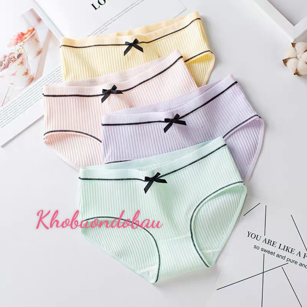 Quần lót nữ chất cotton gân tăm kháng khuẩn mềm mại  viền đen đính nơ cách điệu xinh xắn QL009