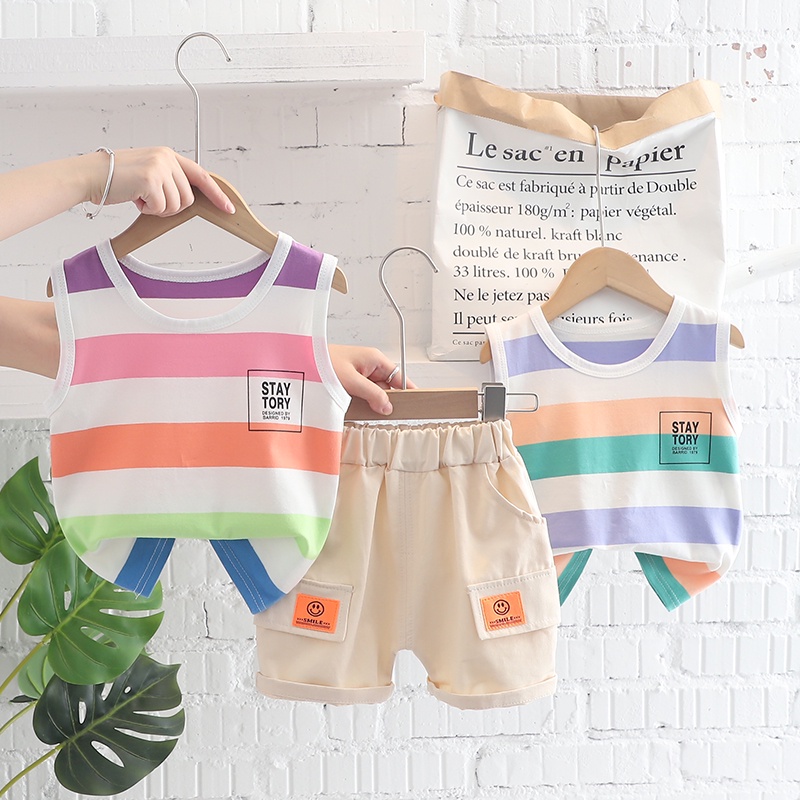 Bộ Áo Thun Không Tay + Quần Short Cotton Kẻ Sọc In Chữ Nhiều Màu Sắc Thời Trang Mùa Hè Cho Bé 80-120cm