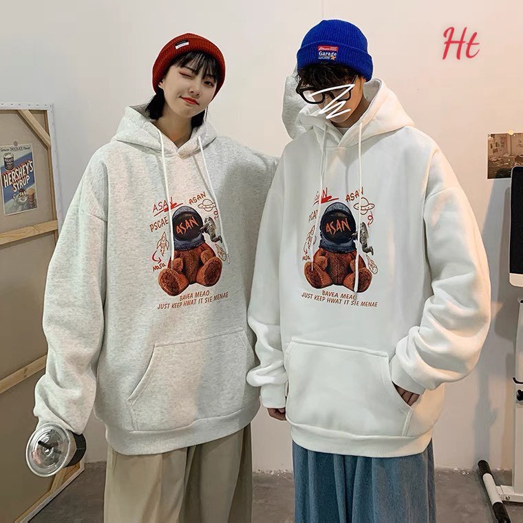 Áo hoodie Unisex oversize Gấu Asan Cotton nỉ SG 2 màu: Hồng Xám mặc Couple cực chill