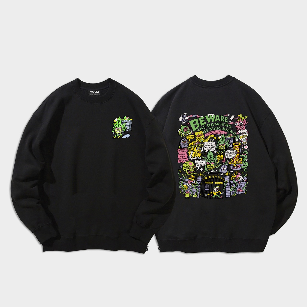 Áo sweater nam nữ local brand NIGUST Stoner Graveyard N209 chất liệu nỉ da cá form rộng màu đen trắng Fullbox