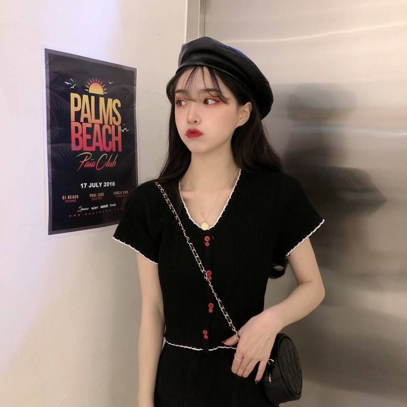 Áo Thun Ngắn Tay Cổ Chữ V Eo Cao Thời Trang Mùa Hè Phong Cách Pháp Cổ Điển Quyến Rũ Hàng Mới Dành Cho Bạn Nữ