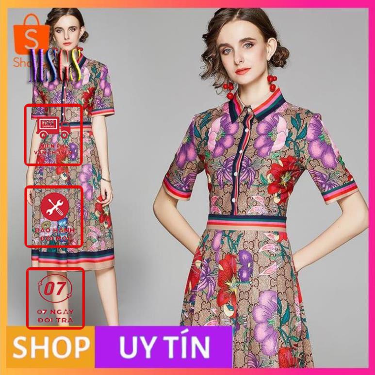 -ĐẦM XÒE LỤA HOẠ TIẾT CỔ SƠ MI PHỐI VIỀN MÀU TAY LỠ SIÊU SANG - [CHẤT LƯỢNG CAO CẤP]