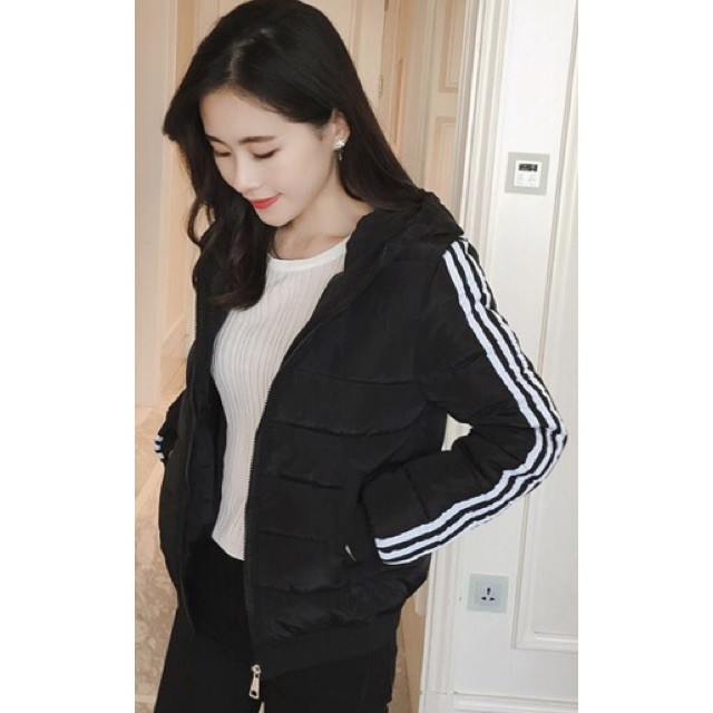 Xưởng gia công áo cao cấp  Áo phao nữ sọc ngang có nón hình thật up ở cuối Áo khoác đẹp