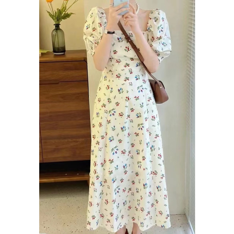 Váy hoa nhí cổ vuông tay phồng kiểu Pháp thon eo xòe dài nhẹ nhàng mùa hè sang chảnh