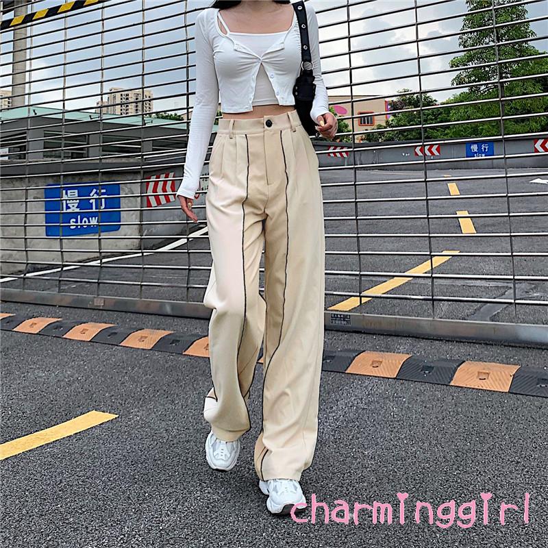 Quần dài ống suông rộng lưng cao họa tiết kẻ sọc dành cho nữ | BigBuy360 - bigbuy360.vn