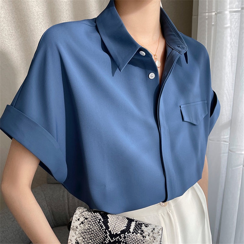 Áo Sơ Mi Chiffon Tay Ngắn Màu Trơn Dáng Rộng Phong Cách Hàn Quốc Thời Trang Mùa Hè Cho Nữ
