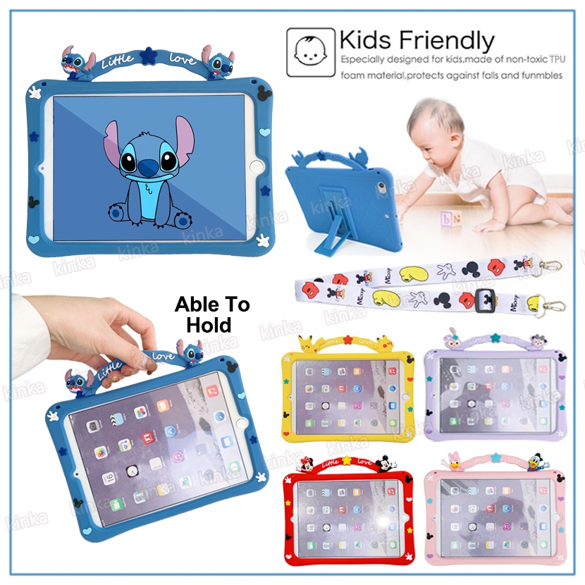 Cute 3D Cartoon Stitch StellaLou Rabbit Pikachu Mickey Minnie Donald Duck Pattern Soft Silicone Case With Stand Kids Handle Lanyard Tablet Cover Case for new ipad mini air pro 1 2 3 4 5 6 7 8 9 9.7 10.2 10.5 10.9 11 2017 2018 2019 2020 2021