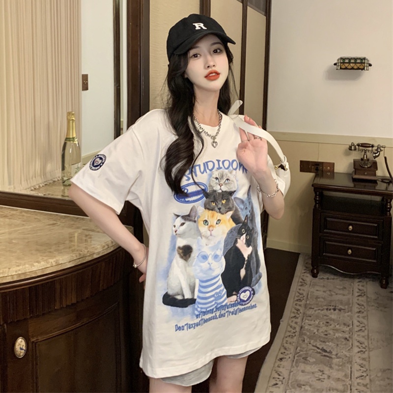 Áo Thun T-shirt Cotton Mềm Co Giãn Tay Ngắn In Hình Mèo Thời Trang Hàn Quốc Cổ Điển Dành Cho Nam Nữ