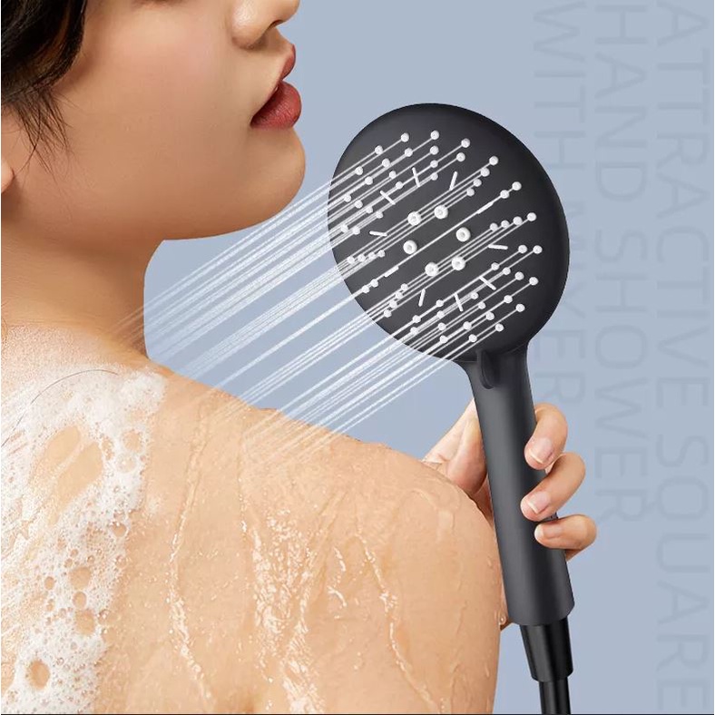 Bộ tay sen 3 chế độ nước chất liệu nhựa ABS bền đẹp màu sắc FULL Đen mặt to kèm dây sen đen và Cài dán đen - QM.TS048B3
