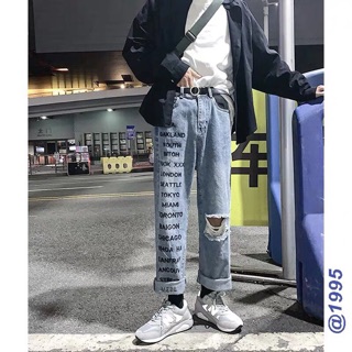 [Form đẹp] Quần baggy jean chữ rách gối ống rộng suông