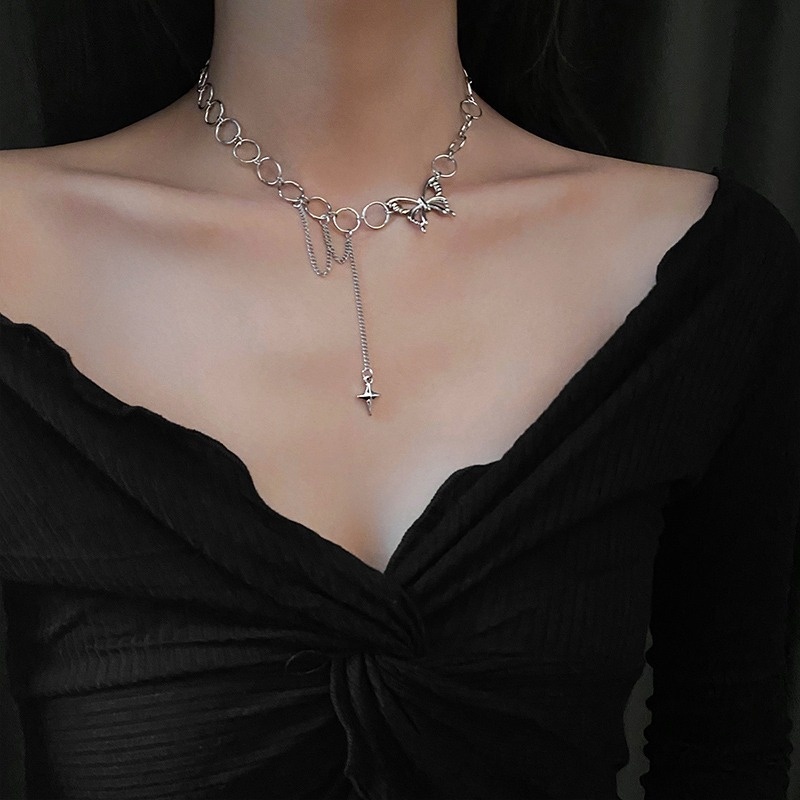 Vòng cổ choker dáng dài mặt hình tròn/chữ thập phối dây tua rua phong cách hip hop cho nữ
