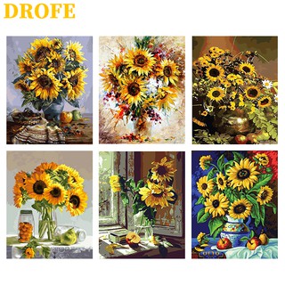 DROFE Bộ tranh sơn dầu số hóa hình hoa hướng dương trang trí nhà cao cấp dành cho bé/người lớn DIY 40x50cm