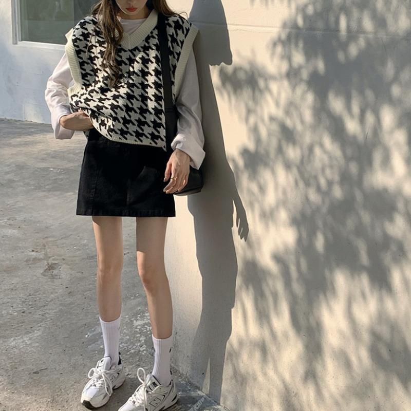 0Áo gile kẻ caro vintage Forgirl áo không tay dáng xuông cá tính