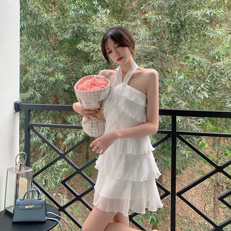 Đầm Voan Xếp Tầng Cổ Yếm Phong Cách Retro Quyến Rũ 2022 Dành Cho Nữ