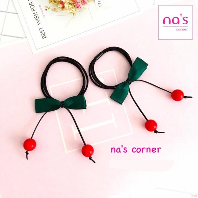 Thun cột tóc buộc tóc cherry hạt đỏ nơ xanh cao cấp dễ thương