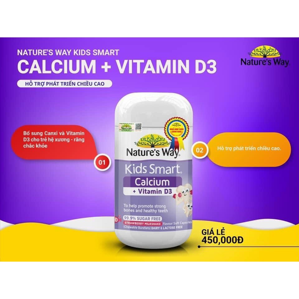 Nature’s Way Kids Smart Calcium + Vitamin D3 Burstlets💥CAO CẤP ÚC💥Bổ Sung Vitamin D3 Hỗ trợ phát triển chiều cao cho