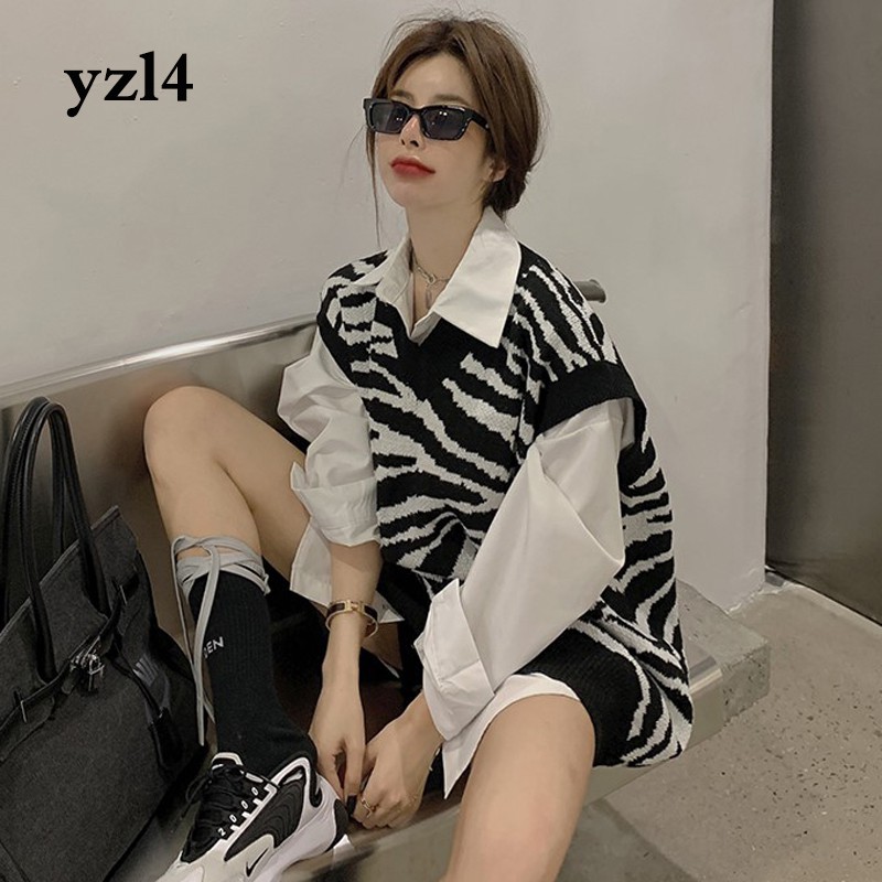 Áo Sweater dệt kim sát nách cổ chữ V họa tiết ngựa vằn dễ thương