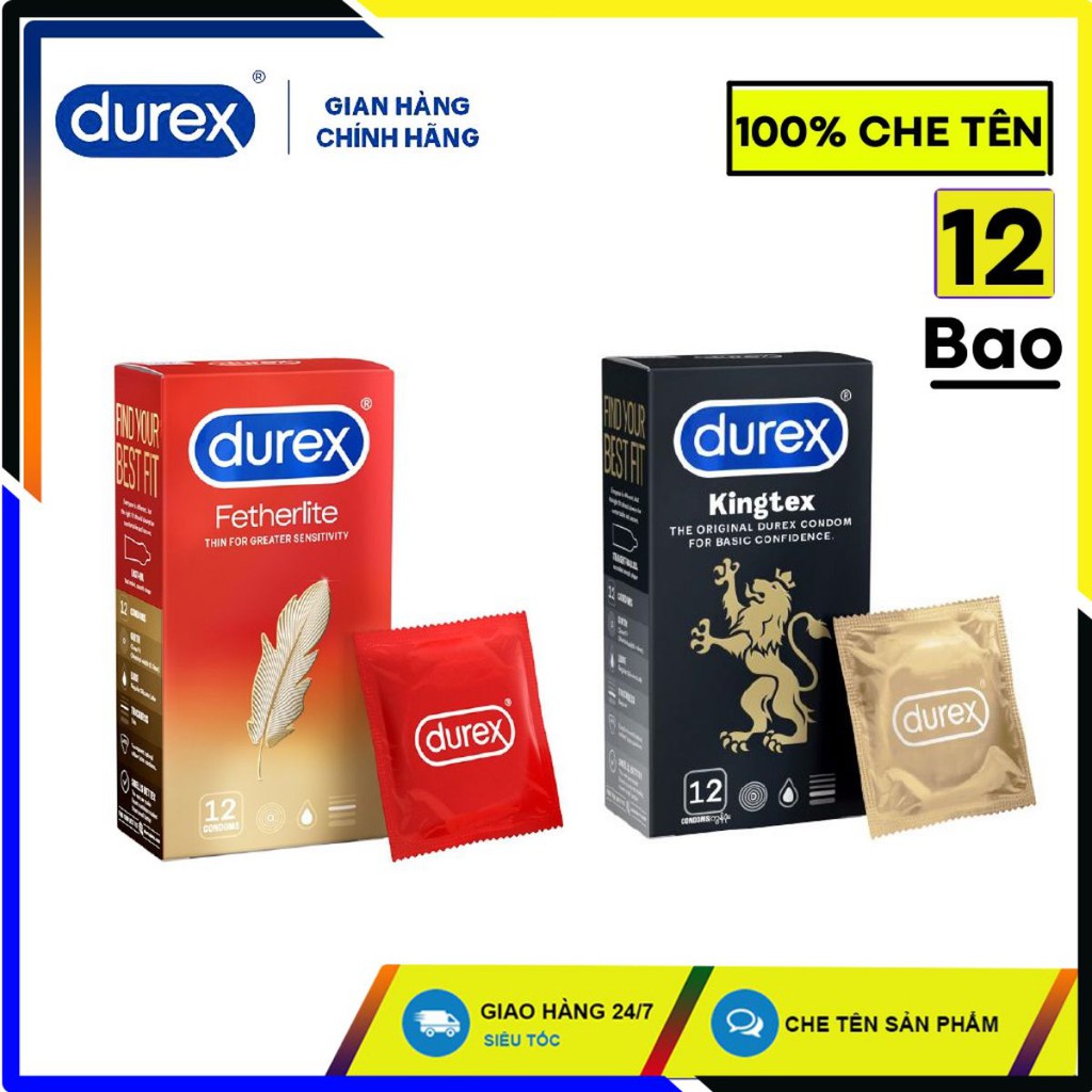 Bộ 2 hộp bao cao su siêu mỏng  Durex Kingtex ( 12 bao )  và bao cao su Durex Fetherlite ( 12 bao )+ Tặng kèm hộp 3 bao.