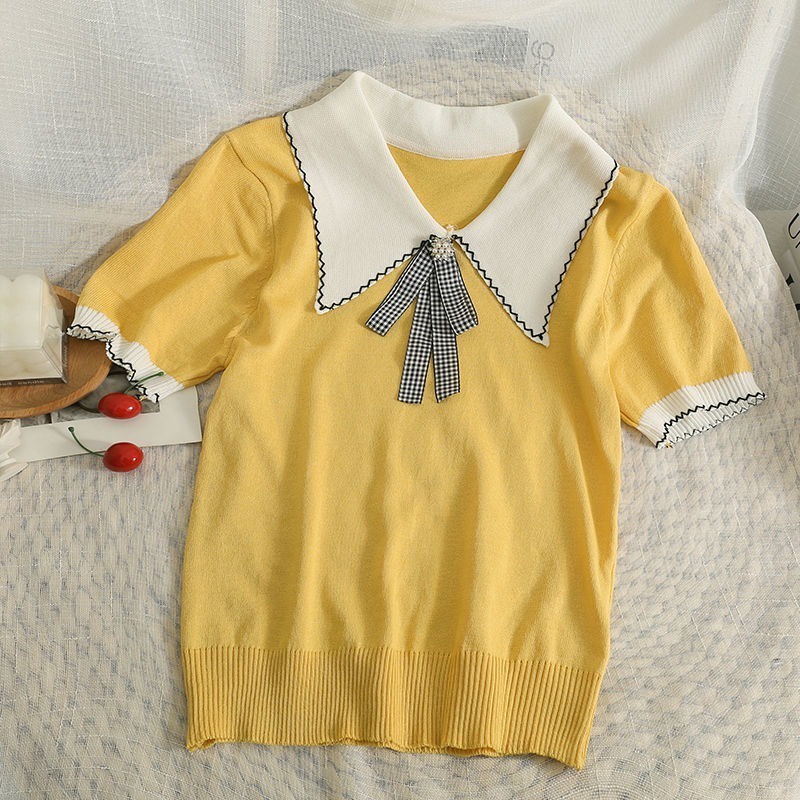 Áo thun polo ZHELIHANGFEI dệt kim tay ngắn thắt nơ đính hạt dễ thương