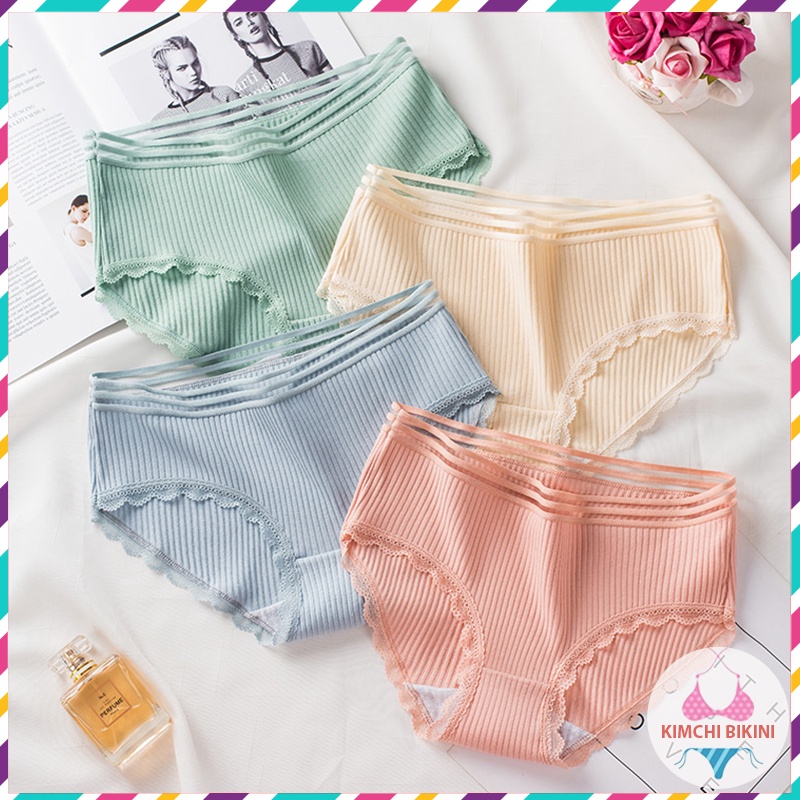 Quần lót cotton gân tăm cạp lưới phối viền ren khủ mùi kháng khuẩn KIMCHIBIKINI chip nữ điệu đà quyến rũ QL052
