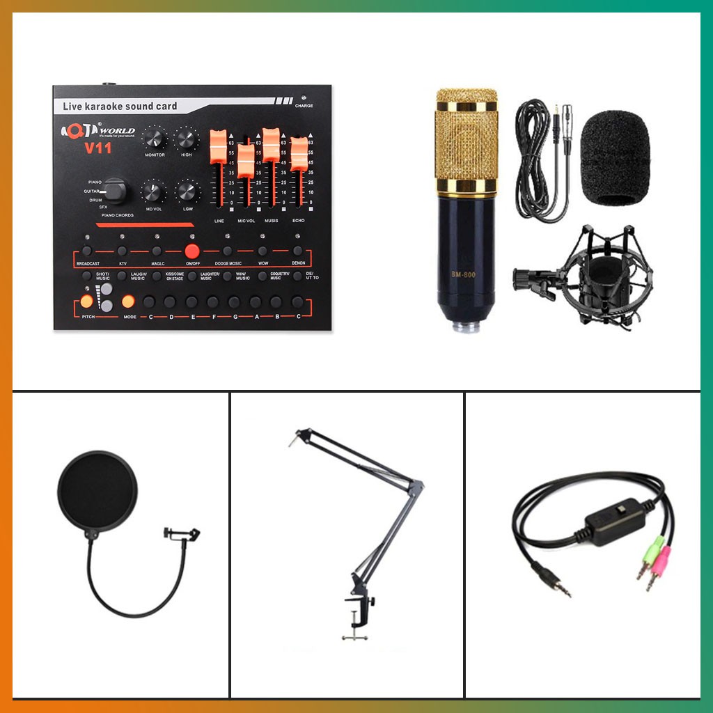 [MỚI] Combo bộ hát livestream thu âm mic BM800 , soundcard V11 ,chân kẹp, màng lọc,dây live đủ bộHát karaoke