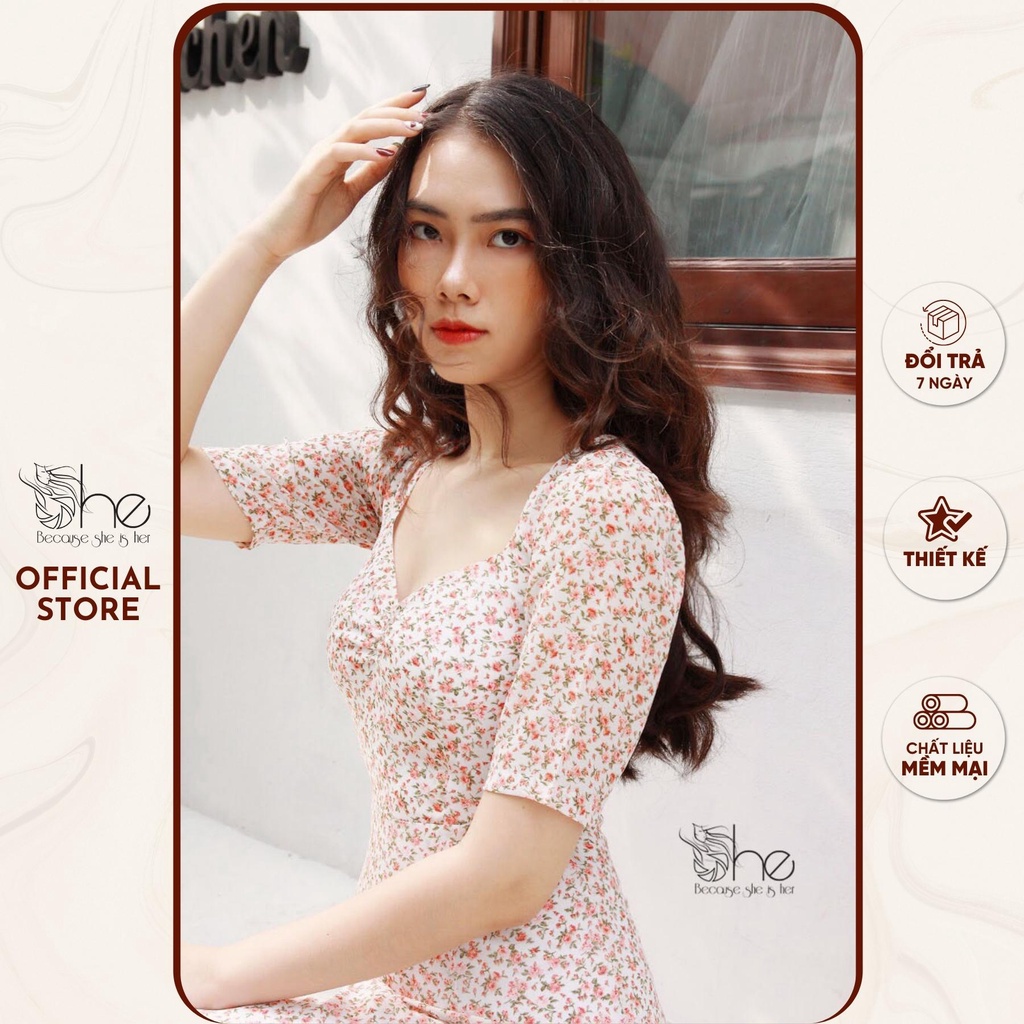 Đầm hoa cổ vuông thiết kế She, đầm nữ đi làm basic đơn giản SDX88