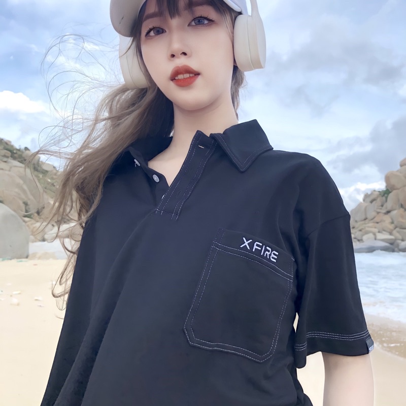 Áo Polo Đen Nam Nữ Oversize Basic Unisex Form Rộng Ngắn Tay Có Túi Màu Đen Ver3 Local Brand by Xfire POLO-VER3CAS-D622