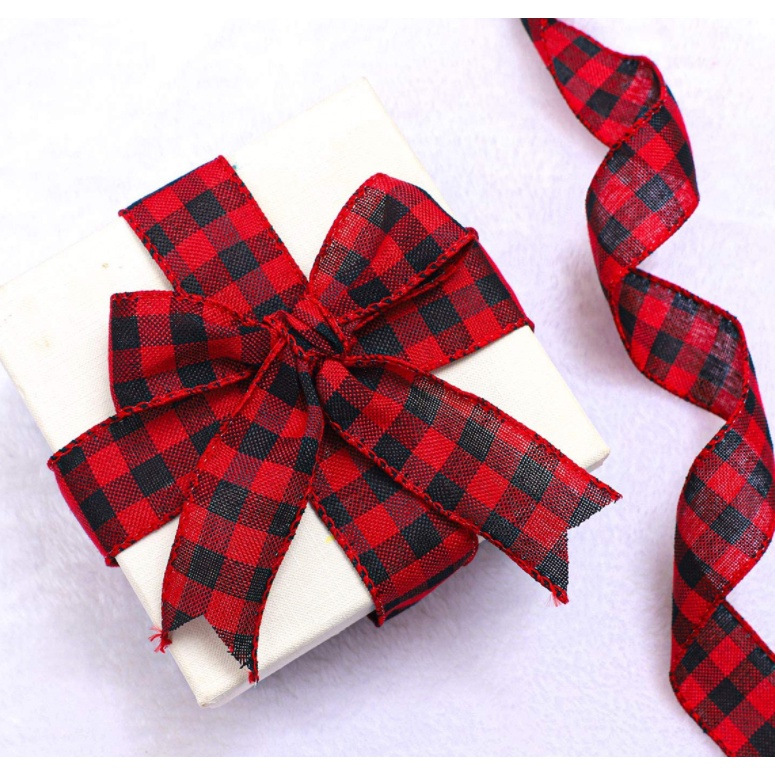Cuộn 6m dây ruy băng vải ca rô bản rộng 6cm trang trí noel giáng sinh