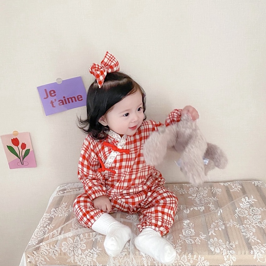 Sanlutoz Tết Bộ Áo Liền Quần Tay Dài In Caro &amp; Băng Đô Quấn Đầu Dễ Thương Cho Bé Gái
