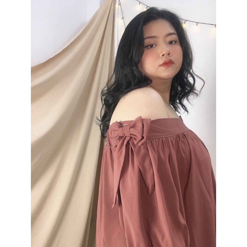 Áo trễ vai nơ vai bánh bèo 2 màu (đen, hồng đất) hàng đẹp bigsize, thời trang nữ