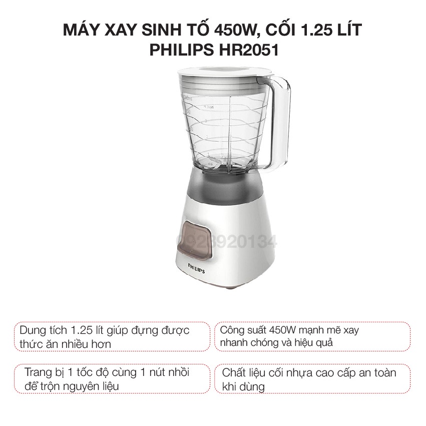 [Mã ELHA22 giảm 5% đơn 300K] Máy xay sinh tố 450w, cối 1.25 lít Philips HR2051