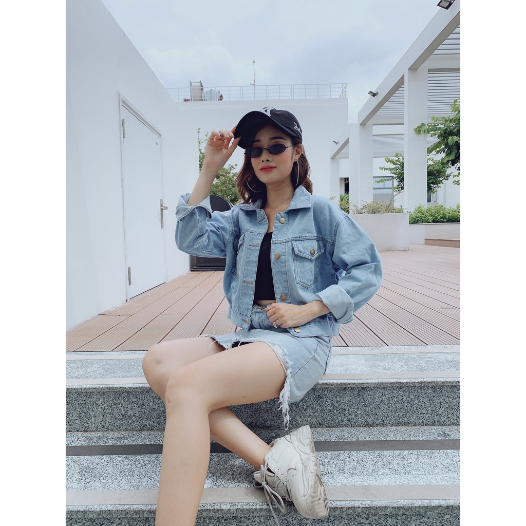 Áo Khoác Jean Áo Khoác Bò Nữ Form Croptop 2 Túi Ngực Mặt Sau Thêu Chữ  Garula FENG dưới 58kg Panda Style