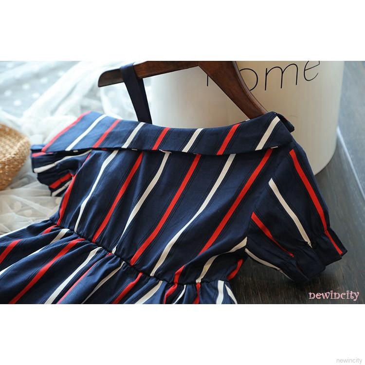 Đầm Tay Ngắn Kẻ Sọc Thêu Chữ Thời Trang Cho Bé Gái