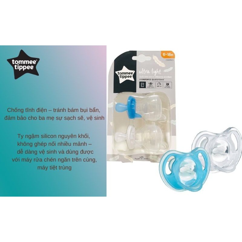 Ty ngậm silicon siêu nhẹ cho bé Tommee Tippee 6-18 tháng (vỉ 2 cái) - Xanh dương/Trắng