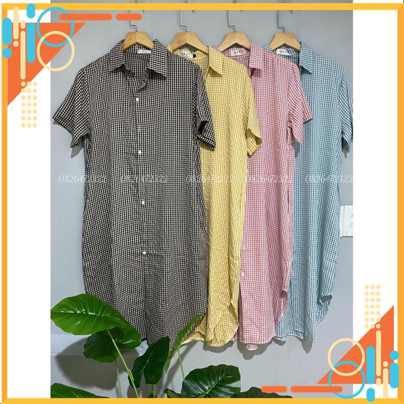 Váy sơ mi thanh lịch, váy đầm ullzang tay ngắn, dầm suông caro, váy suông kẻ cổ đức chất mềm mát nhẹ 4 màu MSP64816 | BigBuy360 - bigbuy360.vn