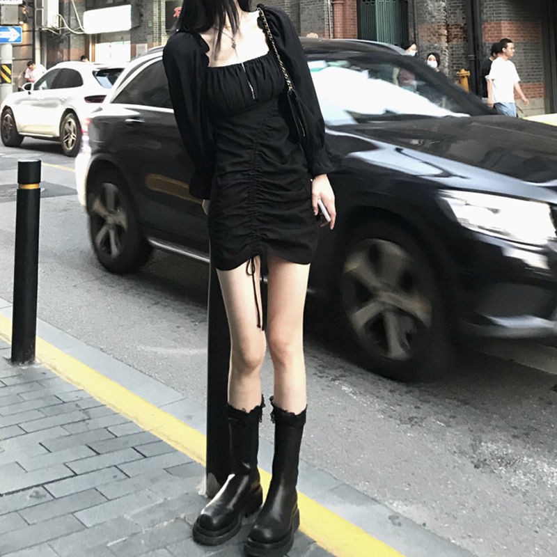 Đầm ôm tay dài cổ vuông thiết kế dây rút xinh xắn thời trang phong cách Hàn Quốc | BigBuy360 - bigbuy360.vn