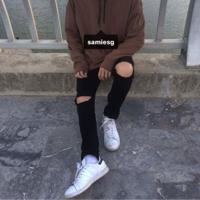 Hoodie trơn nâu socola tay dài hình thật