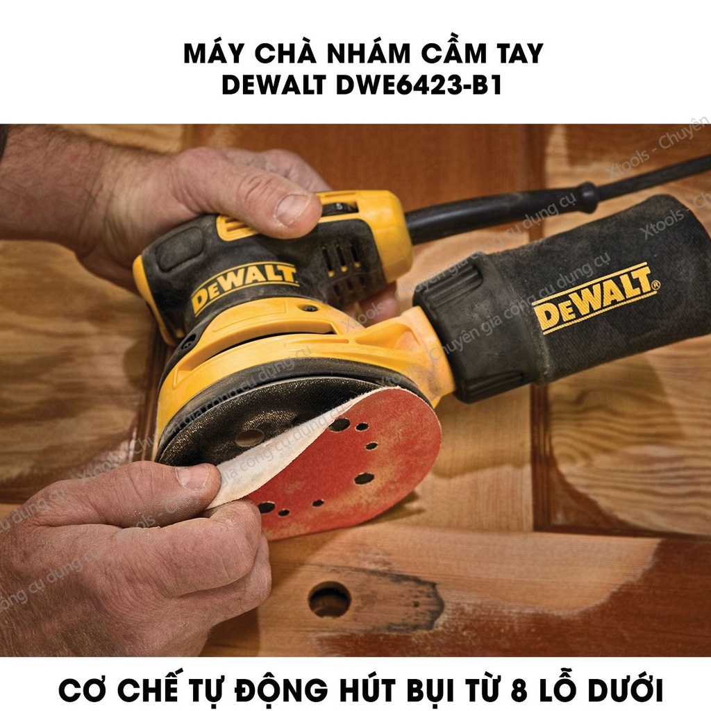 Máy chà nhám cầm tay DeWALT kèm đế chà và túi chứa bụi, đa tốc độ cơ chế tự động hút bụi nhám, vỏ máy cách điện 2 lớp