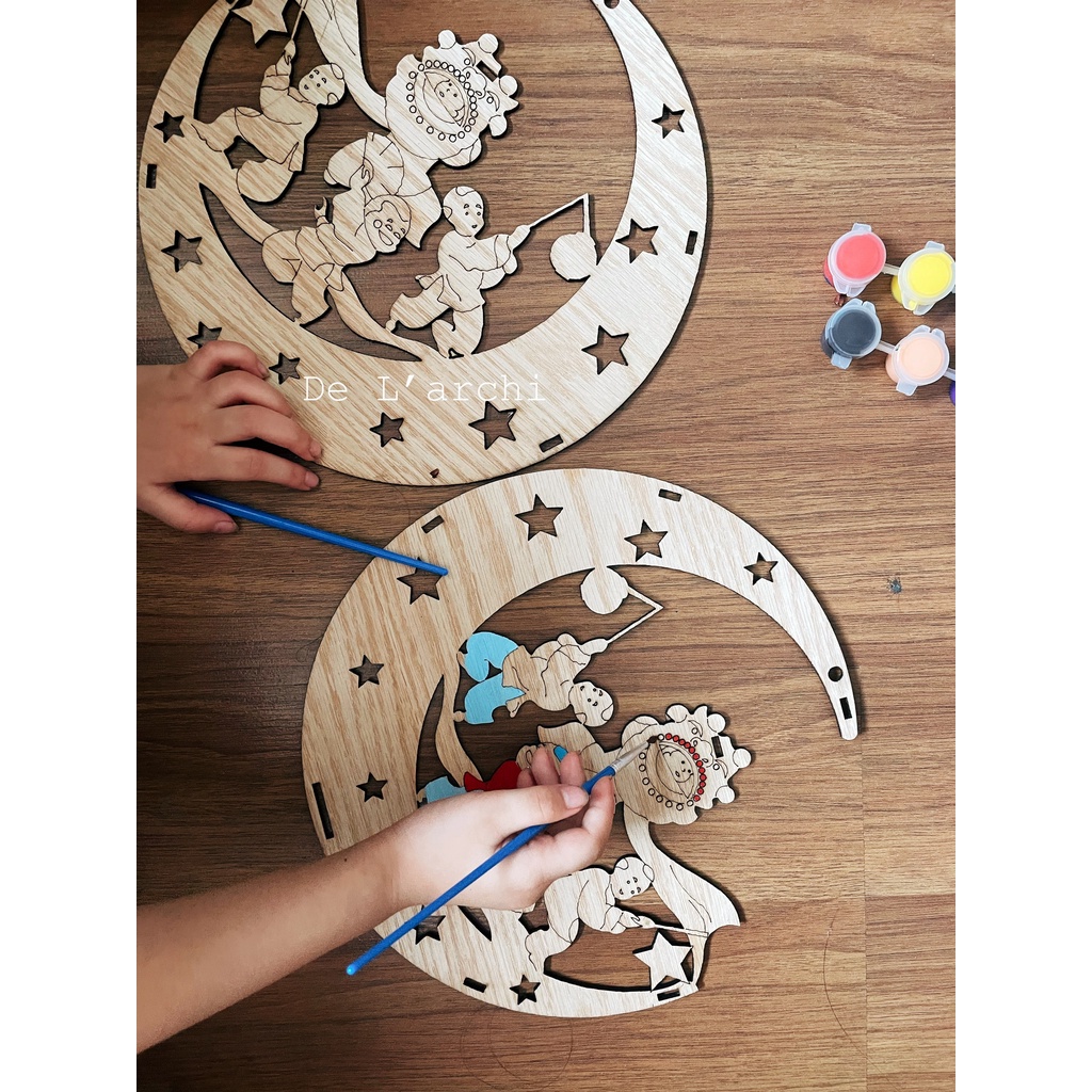 Đèn lồng trung thu bằng gỗ hình ông trăng tặng kèm 12 màu + 2 cọ