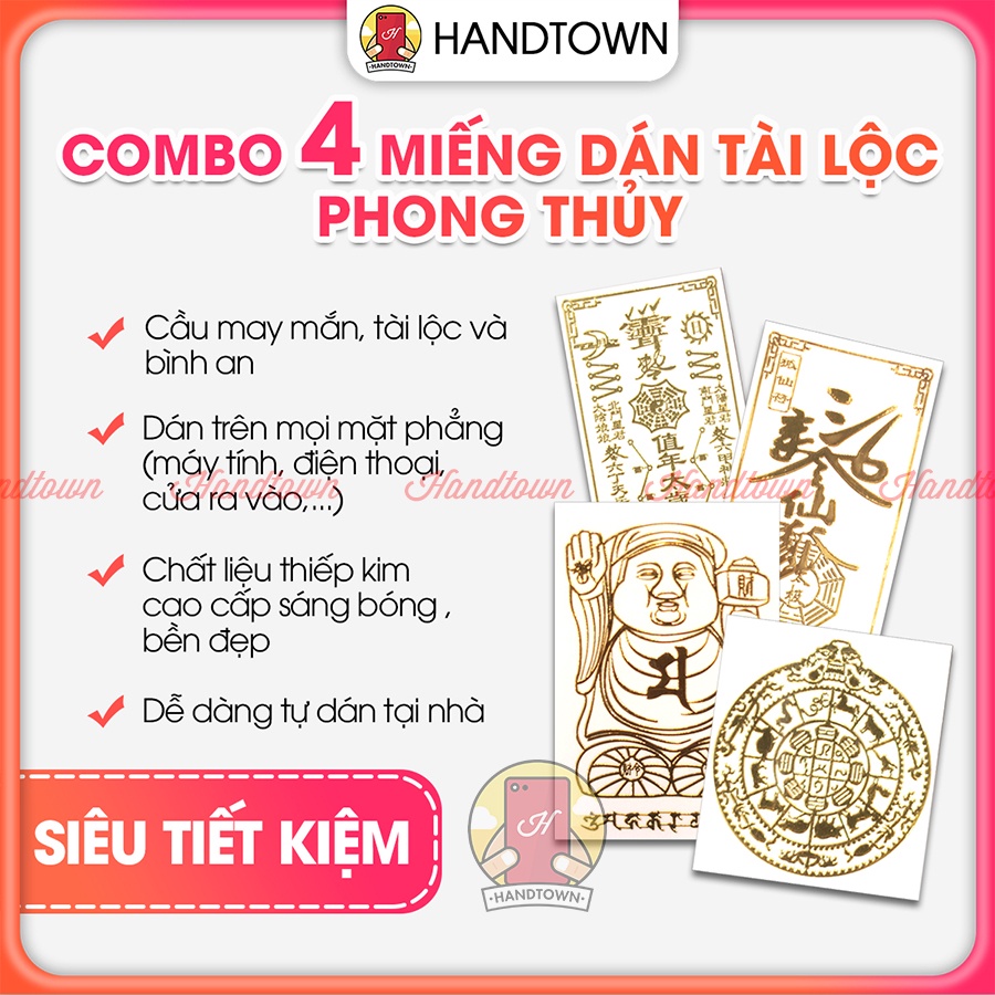 [COMBO] Bộ 4 Linh Phù Tài Lộc - May Mắn Bình An - Tình Duyên Thếp Vàng Dán Điện Thoại Máy Tính Bỏ Ví Handtown