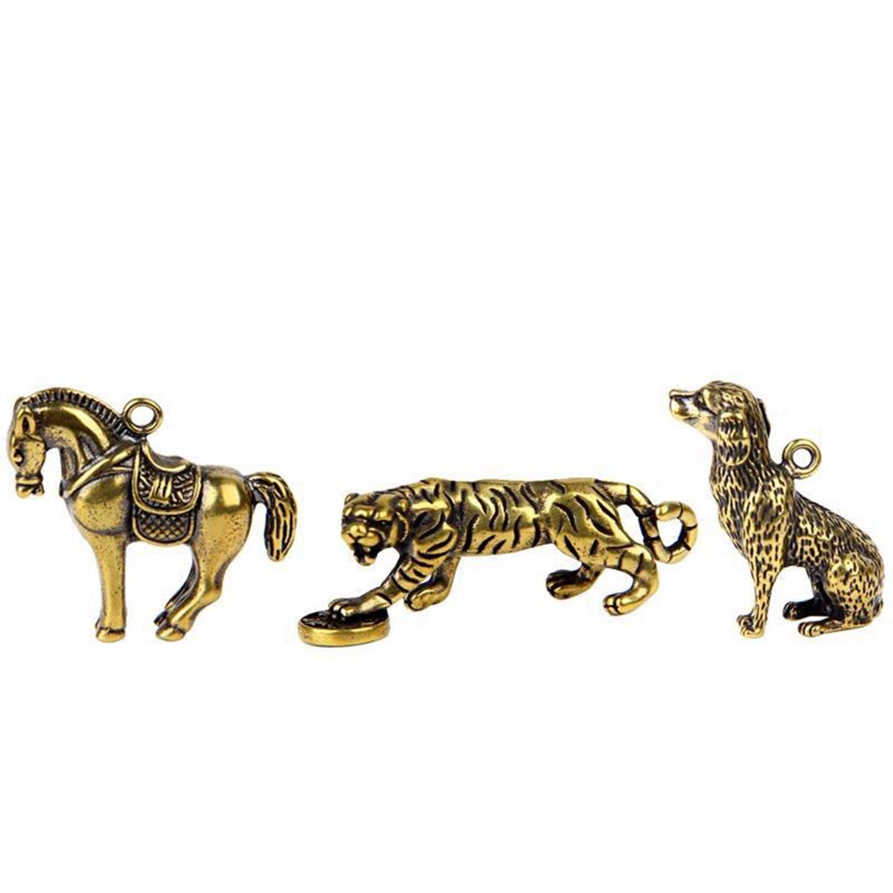 LANFY High Quality Bull Ornament Sculpture Handmade Lines Keychain Accessories Copper Miniatures Figurines Car Ornaments Pure Copper 12 Styles Desk Decoration Key Pendant