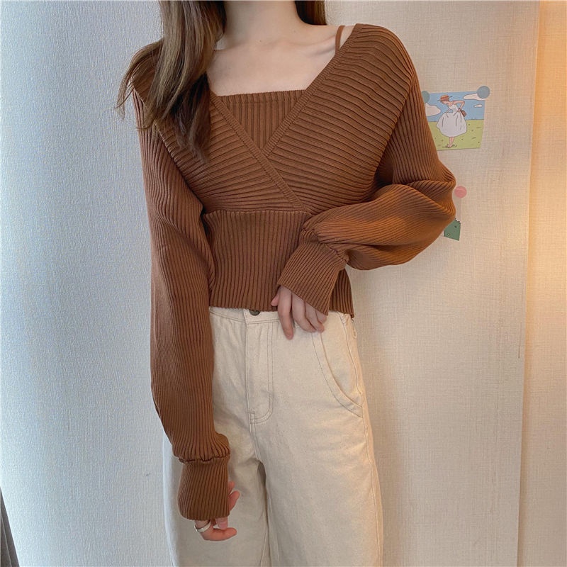 Áo sweater cổ vuông tay phồng giả hai mảnh thiết kế mới xuân thu dành cho bạn nữ 2021