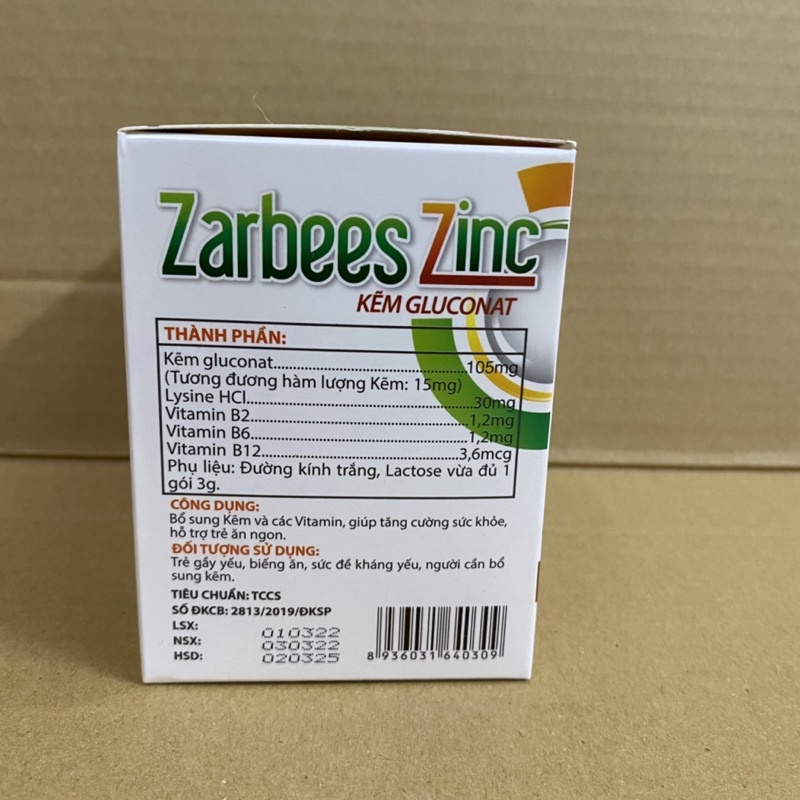 Bột cốm tăng đề kháng cho bé biếng ăn gầy yếu Kẽm gói ZARBESS ZiNC kid Kẽm Gluconate hỗ trợ bé ăn ngon Hộp 30 gói