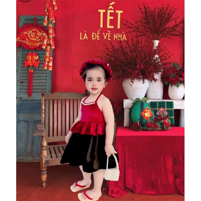 sét yếm nhung 3 món cho bé ( áo- váy- cài tóc)