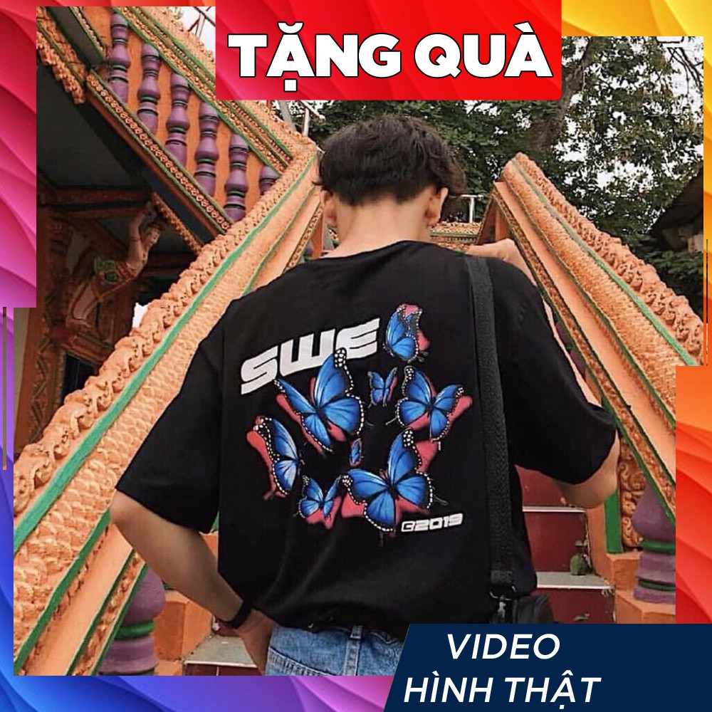 Áo thun tay lỡ nữ freesize phông form rộng Unisex, mặc cặp, nhóm, lớp in HÌNH BƯỚM chữ SWE
