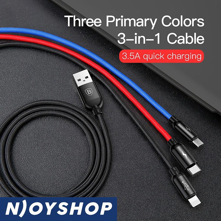 Cáp Sạc 3 Đầu BASEUS Three Primary Colors Hỗ Trợ Sạc Nhanh 3 Cổng Iphone Lightning Type C Micro Usb Chất Liệu Dây Dù